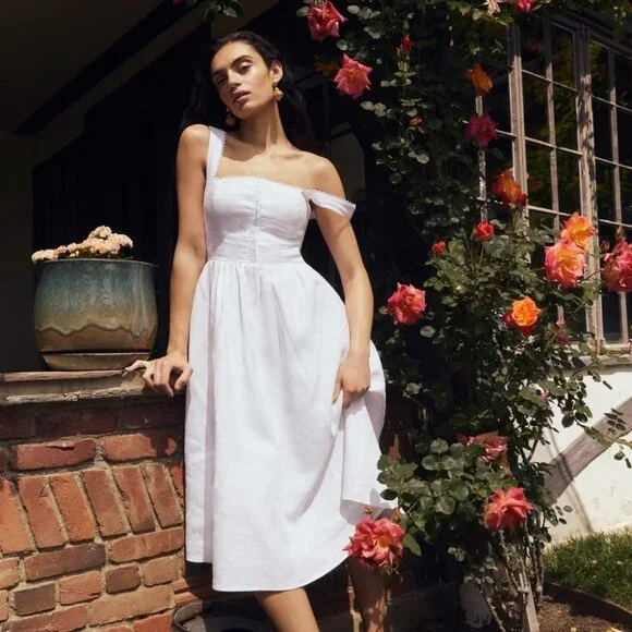 NEW Reformation Tagliatelle Linen Midi Dress in White Lace Detail | size 0 - Picture 3 of 13